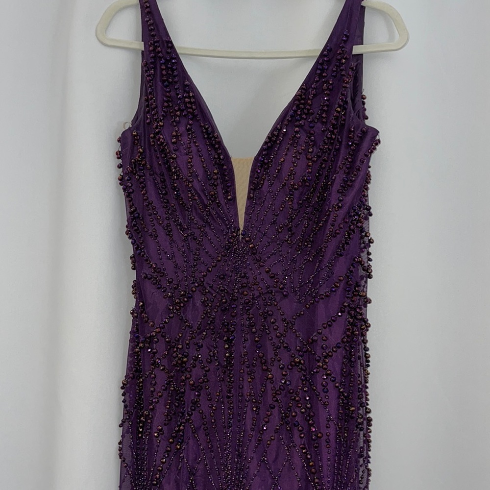 Sherri hill long beaded purple dress with beaded train, size 8.
